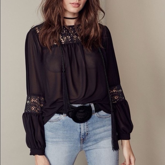 For Love and Lemons Sacramento Blouse Black Sheer Lace Long Sleeves Size Small - Picture 3 of 16